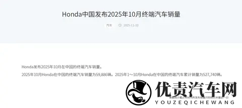 本田中国10月终端销量同比降206% 连续5年下滑-1