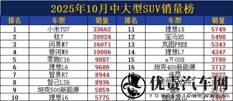 中大型SUV洗牌! 10月销量: 理想L6无缘前5, 宝马X5跌出前10, 豹8第34-3