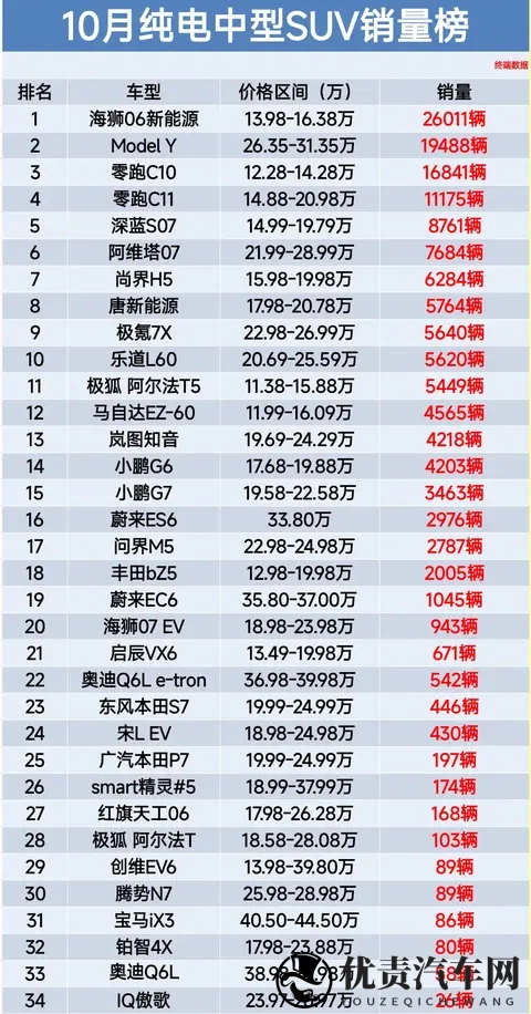 纯电车别乱买，10月纯电中型SUV销量榜 海狮06夺冠、尚界H5升至第7-2