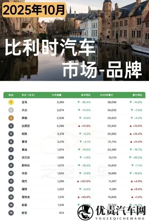 欧洲车市  比利时2025年10月：中国车企1620台-1