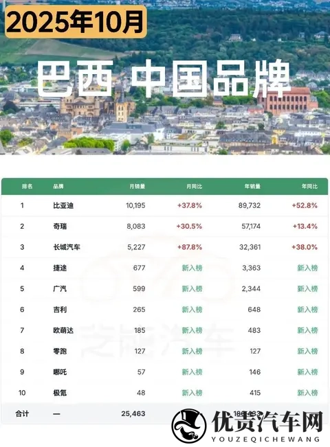 南美车市  巴西25年10月：比亚迪、奇瑞、长城等中国车企卖25万台-3
